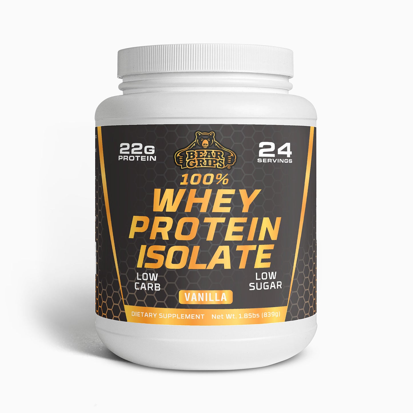 100% Whey Protein Isolate - Vanilla - 22g Pure Protein - 24 Servings - Low Carb - Low Sugar - Bear Grips -Premium Protein