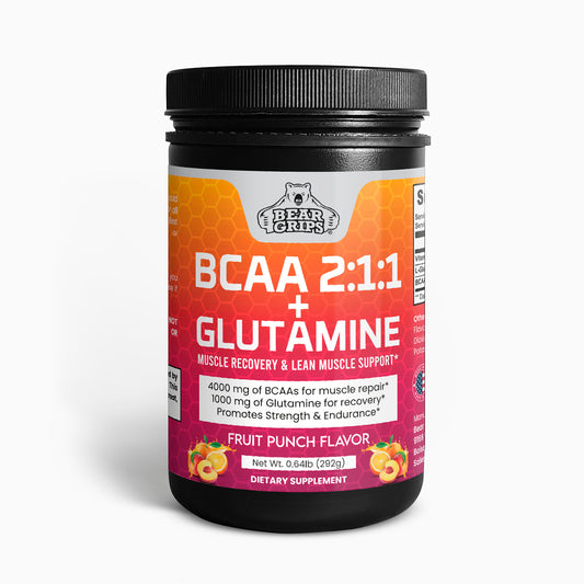 Bear Grips BCAA 2:1:1 + Glutamine - Fruit Punch - Fuel Your Workout, Maximize Recovery, and Build Lean Muscle