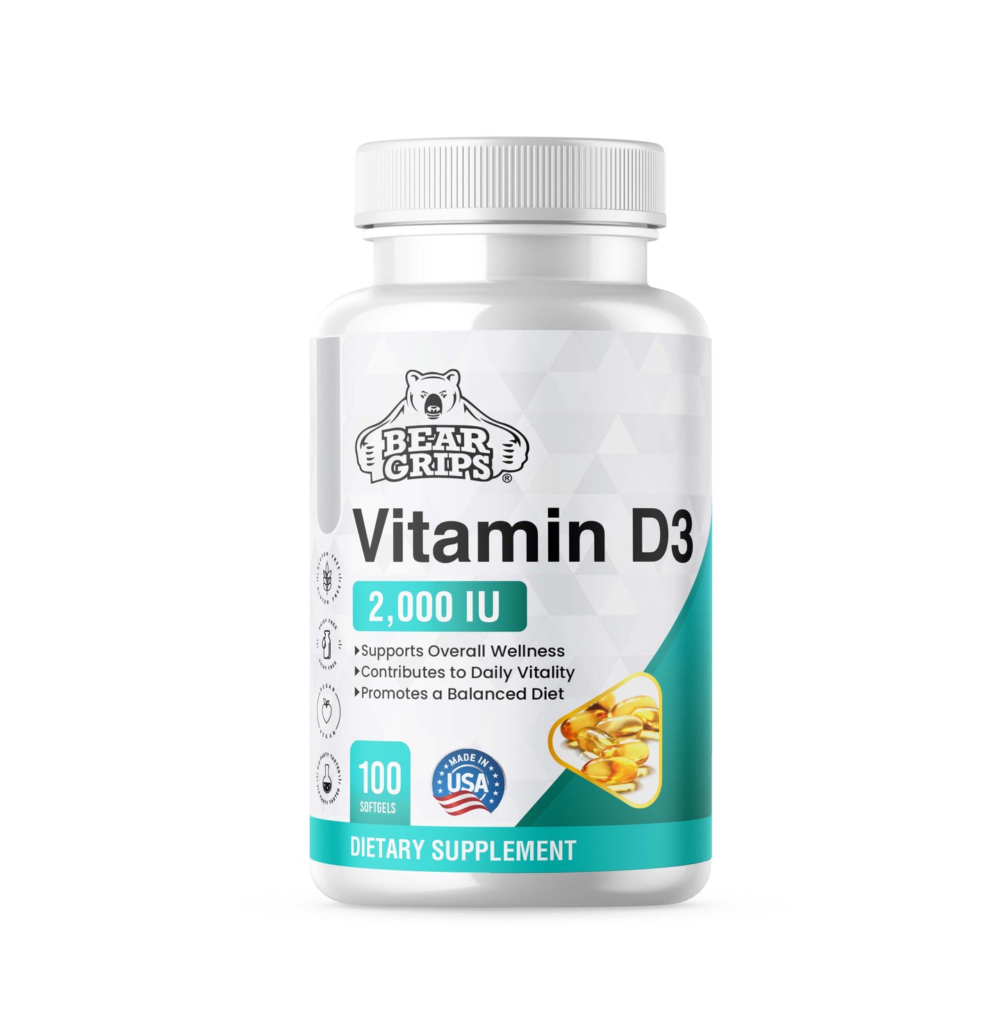 Bear Grips Vitamin D3 -  2000 IU - Softgel Capsules | Boost  Energy, Strengthen Muscles, Enhance Bone Health, Elevate Mood, and Empower Your Lifestyle | 100 Softgels | 100 Day Supply