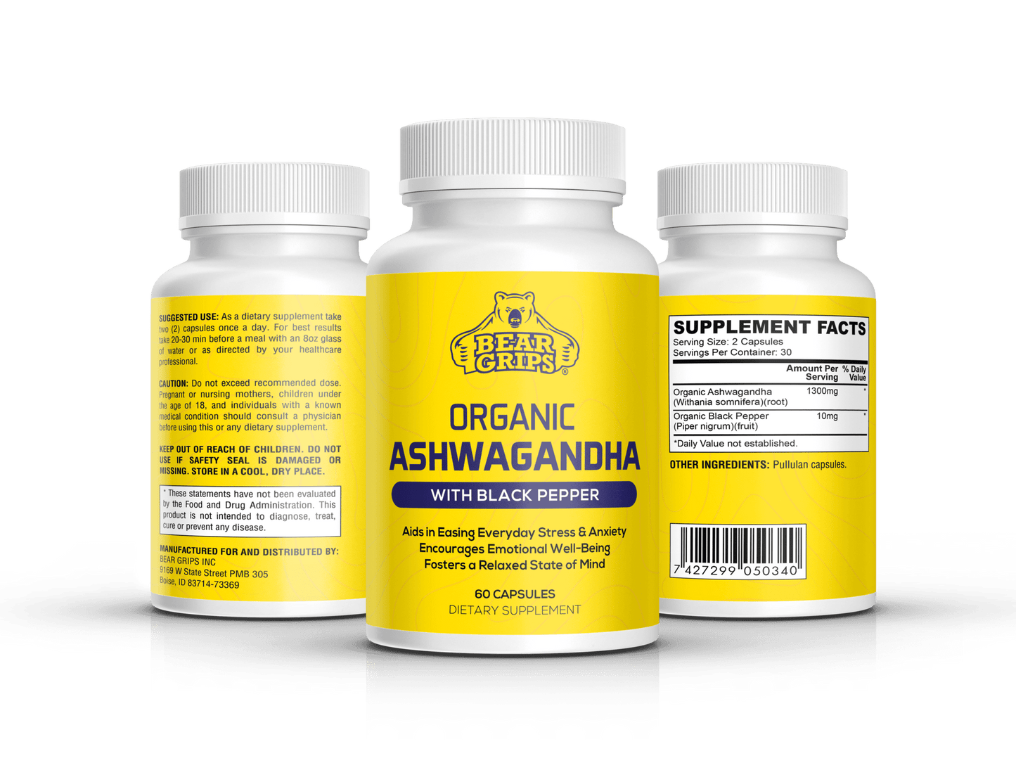 Organic 1,300mg Ashwagandha| Stress & Anxiety | Emotional Well- Being | Calm, Relaxed State of Mind. By Bear Grips