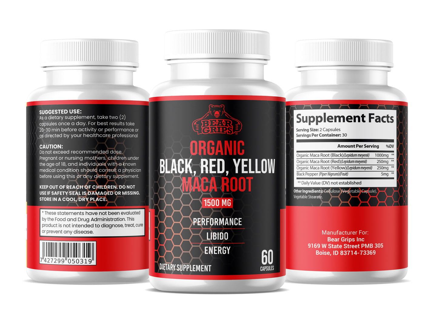 Organic Maca Root |Libido, & Performance| Black, Red, Yellow Maca | Energy & Vitality By Bear Grips